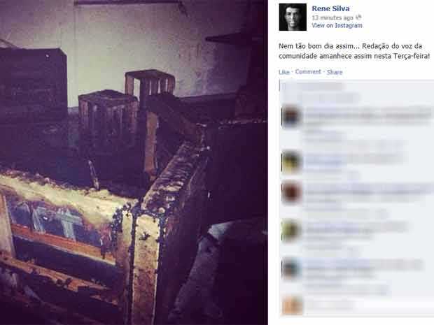 Rene Silva postou em seu Facebook as fotos da redação do Voz da Comunidade incendiada (Foto: Reprodução/ Facebook)