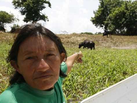 Indígena da etnia mura, moradora de aldeia localizada em Autazes, aponta área que ela foi invadida por rebanhos de búfalo (Bruno Kelly)