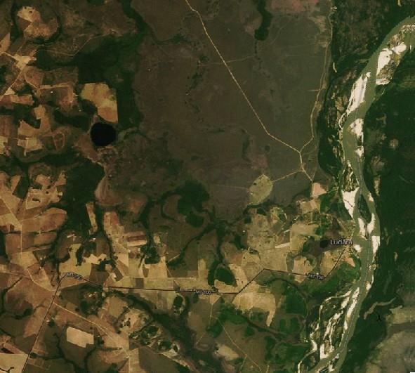 Plantações de soja avançam em direção ao município de Luciara, conforme é possível ver via satélite. Imagem: MapBox