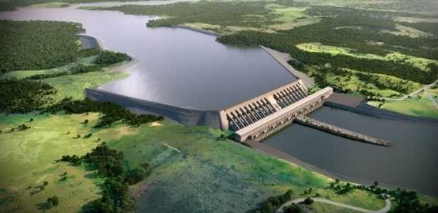 Ilustração artística mostra a usina hidrelétrica de Belo Monte, no rio Xingu, no Pará - Divulgação/Norte Energia
