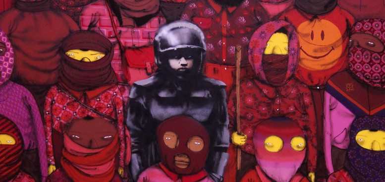 Obra de Banksy com a colaboração dos grafiteiros brasileiros Os Gêmeos, em sua passagem por New York