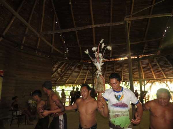 Indígenas dançam e cantam durante ritual da tucandeira