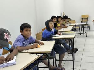 Na escola, crianças aprendem a utilizar a língua umutina-balatiponé. Foto: Ericksen Vital/G1