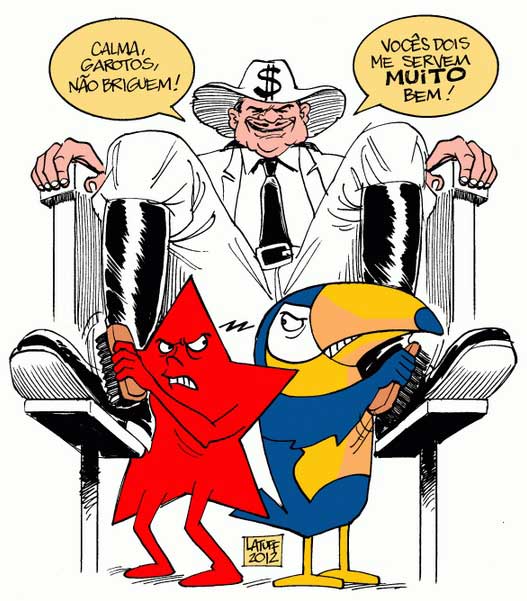 Charge de Latuff retrata subserviência dos partidos políticos do Brasil ao poder do capital. Na imagem: "Calma, garotos, não briguem! Vocês dois me servem muito bem!”. Foto: Reprodução.