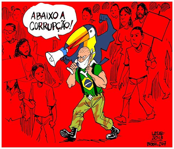 Charge de Latuff aborda a participação de partidos políticos de direita e grupos econômicos nos protestos no Brasil. Foto: Reprodução.