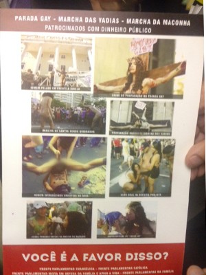 Folheto contra a parada gay distribuído por deputados da bancada evangélica. Foto: Nathalia Passarinho /G1