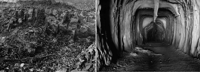 Montagem com foto de Sebastião Salgado de Serra Pelada em 1981, e túnel da Colossus Minerals em 2015