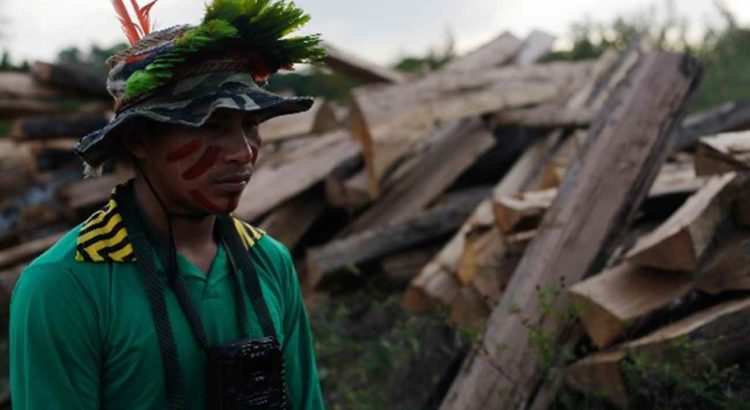 Indígena Kaapor passa por estacas de madeira retiradas proximo ao territorio indigena Alto Turiacu. Foto: Lunae Parracho / Greenpeace