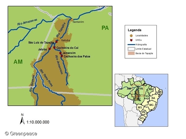 Mapa mostra as cinco hidrelétricas do Complexo Tapajós, localizadas nos rios Tapajós e Jamanxim. Imagem ©Greenpeace