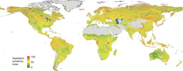 Mapa mostra vulnerabilidade dos ecossistemas pelo mundo, de acordo com índice desenvolvido pelos autores do estudo. Em amarelo e vermelho, os mais sensíveis à variabilidade climática.