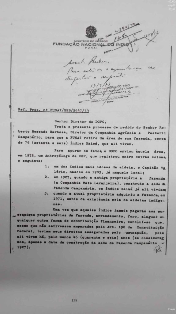 Fac-símile de documento de 1973 indicando a intenção de retirar 76 indígenas do território Km 20, em Caarapó, por proprietários da Fazenda Campanário