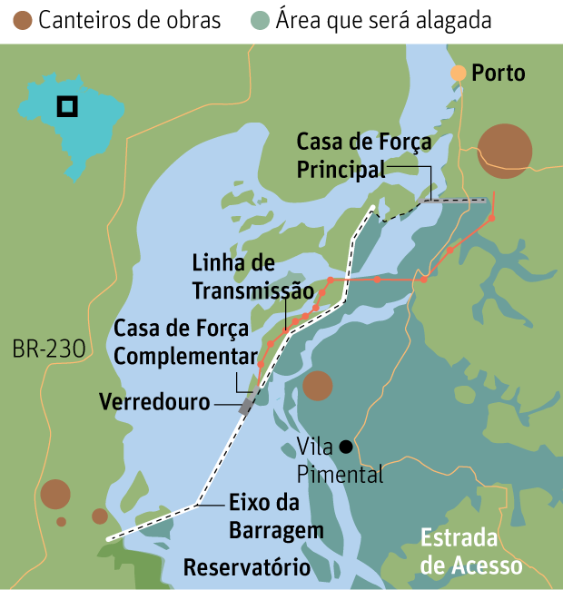 Mapa da Usina São Luiz dos Tapajós. Editoria de Arte /Folhapress