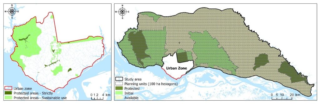 Figura 2. Esquerda: detalhe da zona urbana, com áreas protegidas. Direita: área de estudo como um todo, mostrando as unidades de planejamento e seu status como “protegida”, “inicial” ou “disponível”.